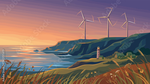 A serene coastal landscape with a wind farm and lighthouse at sunset. This vector illustration is ideal for renewable energy, sustainability, and environmental concepts.