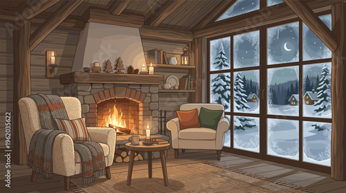 Cozy rustic cabin interior with a warm fireplace on a snowy winter night. Perfect for holiday greetings, backgrounds, and concepts of comfort, hygge, and relaxation.