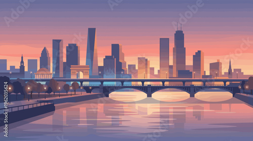 A serene vector illustration of a modern city skyline at sunset. The cityscape with a bridge reflects in the calm river. Perfect for backgrounds, travel, and urban themes.