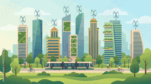 Vector illustration of a futuristic green city with sustainable architecture, wind turbines, and a modern tram. People enjoy cycling in a park, representing a clean, eco-friendly urban life.