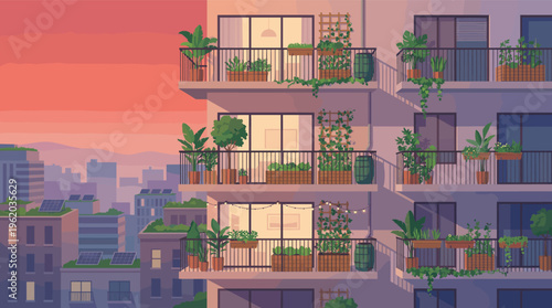 Vector illustration of an apartment building with lush balcony gardens against a sunset cityscape. Concept for sustainable urban living, eco-friendly architecture, and green city life.