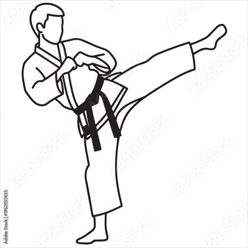 Martial arts, karate, kickboxing, vector illustration, black belt, kicking pose