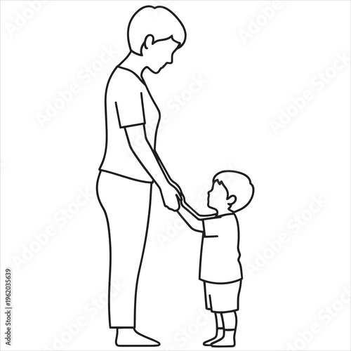 Vector illustration of mother and child holding hands, family love, parenthood, relationship