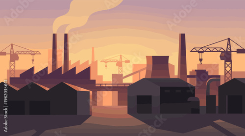 Industrial landscape illustration with factories and cranes at sunset. Concept for manufacturing, energy, construction, pollution, or economic development.