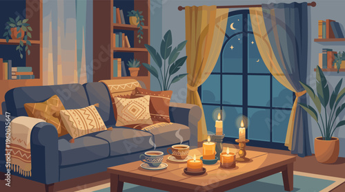 Cozy living room at night with a sofa, candles, and hot tea. Warm, peaceful, and relaxing atmosphere perfect for hygge lifestyle concepts.