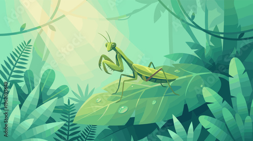 A praying mantis rests on a leaf in a vibrant jungle illustration. Sun rays illuminate the lush green foliage. Perfect for nature, wildlife, or environmental concepts.