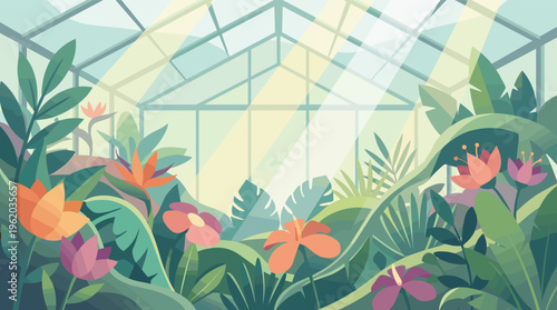A vibrant illustration of a sunlit greenhouse filled with exotic tropical plants and colorful flowers. A serene, natural background for wellness, eco, or travel concepts.