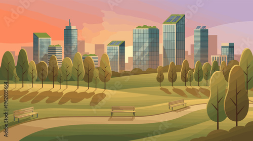 A vector illustration of a modern eco-city with skyscrapers featuring green roofs and solar panels, viewed from a tranquil park at sunset. Ideal for sustainable urban concepts.