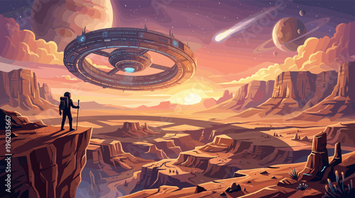 An explorer overlooks a vast alien canyon at sunset. A massive space station hovers in the sky. Perfect for sci-fi, adventure, and futuristic technology themes.