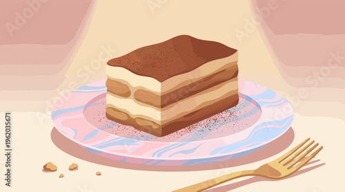 An appetizing illustration of a classic Italian tiramisu dessert. This sweet, elegant image is perfect for menus, food blogs, or cafe branding.
