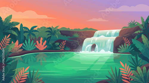 A vibrant vector illustration of a serene jungle waterfall and lagoon at sunset. This exotic, peaceful landscape is perfect for travel themes or relaxation backgrounds.