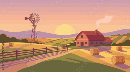 Peaceful vector illustration of a rural farm landscape at sunset. Features a rustic barn, windmill, and hay bales in an idyllic countryside, perfect for organic themes.