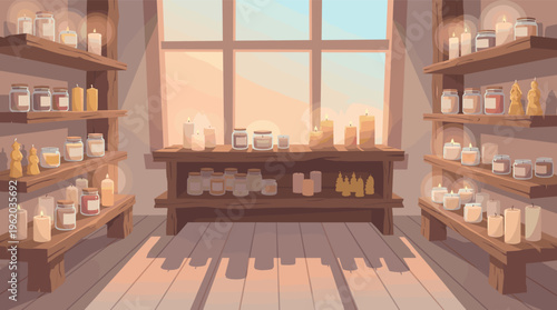 Cozy candle shop illustration with handmade scented candles on wooden shelves. Warm, ambient light creates a peaceful, relaxing atmosphere for aromatherapy or decor.