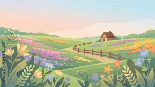A serene countryside landscape illustration with a small house, rolling hills, and colorful flower fields. This peaceful scene is perfect for backgrounds, banners, or idyllic themes.