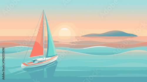 A sailboat glides on a calm turquoise sea at sunset. This peaceful vector illustration evokes travel, vacation, and tranquility. Ideal for banners, posters, and web design.