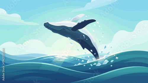 A majestic whale breaches the ocean in this powerful illustration. Symbolizing freedom and nature, it is perfect for environmental, travel, or corporate themes.