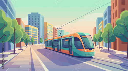 A modern tram on a sunlit street in a vibrant city. This flat vector illustration depicts clean public transport. Perfect for urban, travel, and sustainability concepts.