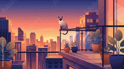 A serene Siamese cat watches the sunset from a high-rise balcony with plants. This warm vector illustration evokes peace, perfect for urban living or relaxation themes.