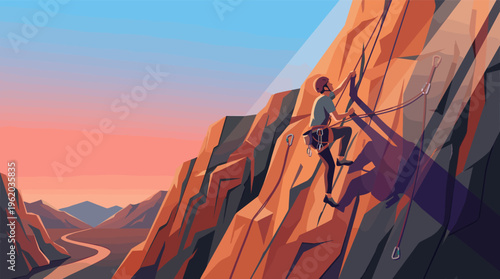 Vector illustration of a rock climber ascending a steep mountain cliff at sunset. This image represents adventure, challenge, and determination. Perfect for business concepts.