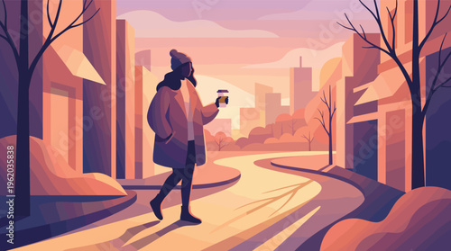 Stylish woman with coffee on a morning walk in a quiet city park at sunrise. Flat vector illustration with a calm mood, ideal for lifestyle and urban concepts.