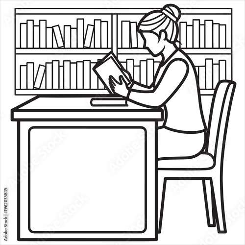 woman reading book, library icon, line art illustration, educational vector
