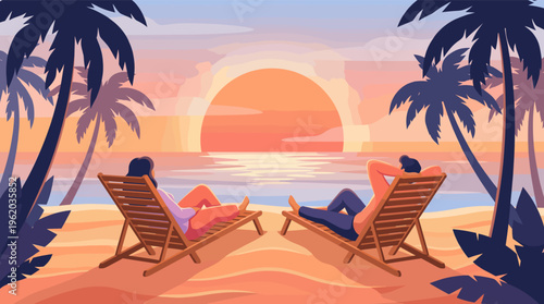 A couple relaxing on beach chairs watching a beautiful tropical sunset. Peaceful illustration for travel, vacation, romance, or retirement.