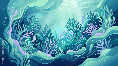 A magical underwater world illustration. A beautiful seabed with flowing seaweed and corals lit by sunlight. Perfect for serene nature backgrounds, websites, or eco-themed designs.