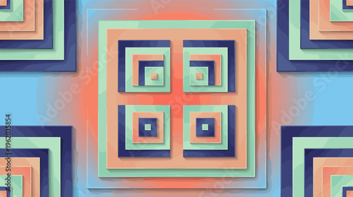 Modern abstract geometric background with 3D layered squares. A calm, colorful pattern for websites, presentations, or banners. Digital art illustration with depth and texture.