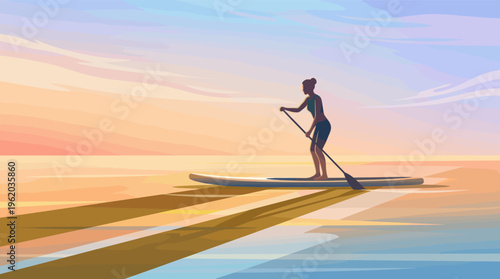 Vector illustration of a woman's silhouette on a stand up paddle board. Peaceful, calm ocean sunset for travel, sport, and wellness concepts. A serene outdoor activity.