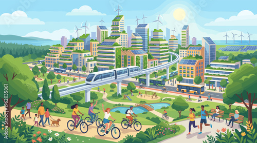 A modern eco-city with solar panels, wind turbines, and green roofs. Diverse community enjoys a healthy life in a park, showing a concept of a sustainable future.
