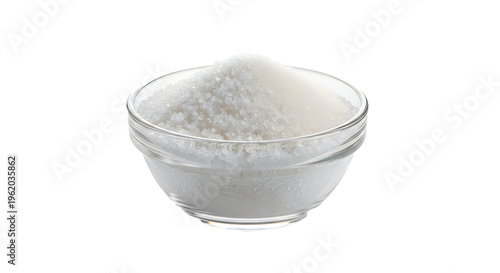 Isolated small glass bowl filled with white sugar on a plain background