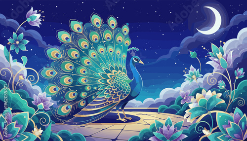 An elegant peacock in a magical night garden under a crescent moon. This enchanting vector illustration is perfect for luxury branding, fantasy book covers, or serene backgrounds.
