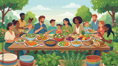 Illustration of a large, diverse community of families and friends sharing a healthy meal outdoors. A joyful scene of togetherness, perfect for summer or food themes.