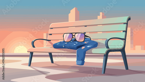 A vector illustration of a denim jacket and sunglasses on a park bench. A tranquil city scene at sunset, evoking feelings of nostalgia, calm, and waiting. Perfect for urban life concepts.
