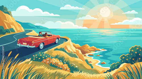 A couple enjoys a scenic road trip in a classic red convertible along a beautiful sunny coastline. Flat vector illustration of travel, freedom, and vacation.