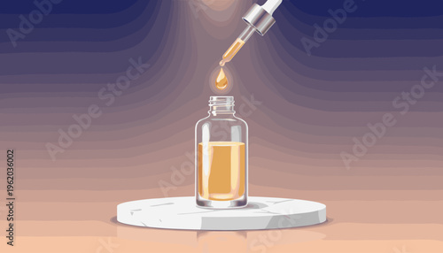A cosmetic glass dropper bottle with golden serum or oil on a white marble podium. This elegant vector illustration is perfect for beauty, skincare, and luxury brand concepts.