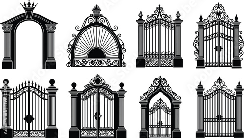 Set of ornate black gate silhouettes and classical archways with wrought iron details isolated on white background for luxury estate architecture