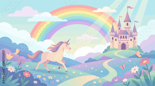 A magical unicorn in a fairytale landscape with a princess castle and rainbow. Whimsical vector illustration for kids' projects, backgrounds, and fantasy themes.