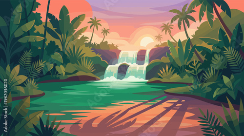 A vibrant illustration of a tropical jungle with a cascading waterfall at sunset. The serene scene with palm trees and a calm river is perfect for travel or nature backgrounds.