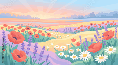 A dreamy summer landscape illustration with red poppies, lavender, and daisies blooming on rolling hills at sunset. Peaceful, serene vector background for nature or wellness themes.