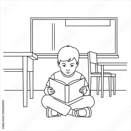 Boy reading book, sitting cross-legged, classroom illustration, educational vector