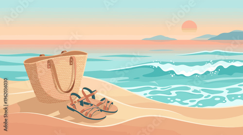 A serene illustration of a beach at sunset with a straw bag and sandals on the sand. The peaceful ocean scene evokes a sense of calm vacation, travel, and relaxation.