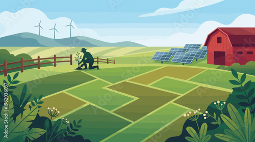 Vector illustration of a farmer planting a tree on a sustainable farm with solar panels and wind turbines. Concept for green energy, ecology, and modern agriculture.