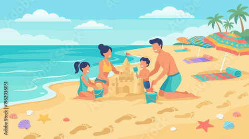 Happy family with children building a sandcastle on a sunny beach. Parents and kids on summer vacation playing together by the sea. Vector illustration for travel or leisure.