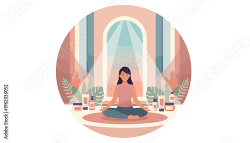 A calm woman meditates in a peaceful spa setting, surrounded by skincare products and plants. This flat vector illustration evokes wellness, self-care, beauty, and mindfulness.