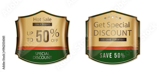 Golden luxury hot sale badges with up to fifty percent off discount and special code offer.