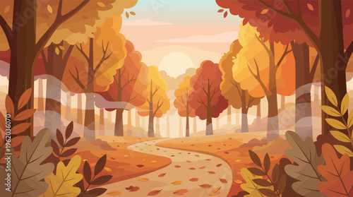A vibrant illustration of a peaceful autumn forest path. Warm colors and falling leaves create a serene scene. Perfect for seasonal backgrounds, banners, and greeting cards.