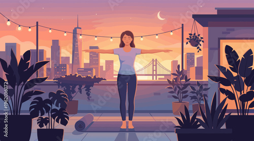 A woman practices yoga on a city rooftop at sunset. This serene illustration promotes wellness, mindfulness, and a healthy urban lifestyle. Perfect for health and self-care concepts.