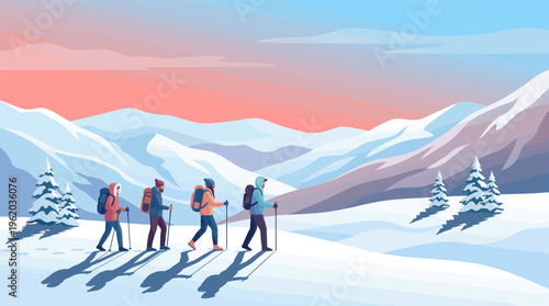 A group of four hikers on a winter expedition, trekking through a snowy mountain landscape at sunrise. Vector illustration for adventure, travel, teamwork, and goal achievement.