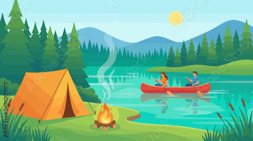 A couple canoeing on a peaceful lake near their campsite with a tent and bonfire. This vector illustration evokes summer adventure, perfect for travel or outdoor lifestyle themes.